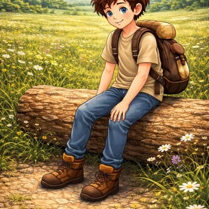 K&ouml;nnte beinhalten: Illustration einer Person mit braunen Haaren und blauen Augen, die ein beiges Hemd, eine blaue Jeans und braune Stiefel tr&auml;gt und auf einem Baumstamm sitzt. Er tr&auml;gt einen braunen Rucksack. Der Hintergrund zeigt ein Feld mit Wildblumen und B&auml;umen unter blauem Himmel.