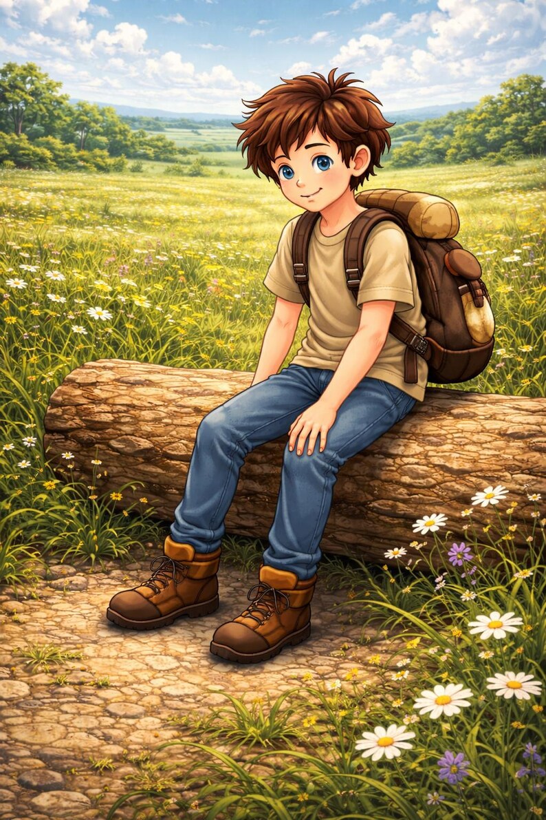 K&ouml;nnte beinhalten: Illustration einer Person mit braunen Haaren und blauen Augen, die ein beiges Hemd, eine blaue Jeans und braune Stiefel tr&auml;gt und auf einem Baumstamm sitzt. Er tr&auml;gt einen braunen Rucksack. Der Hintergrund zeigt ein Feld mit Wildblumen und B&auml;umen unter blauem Himmel.