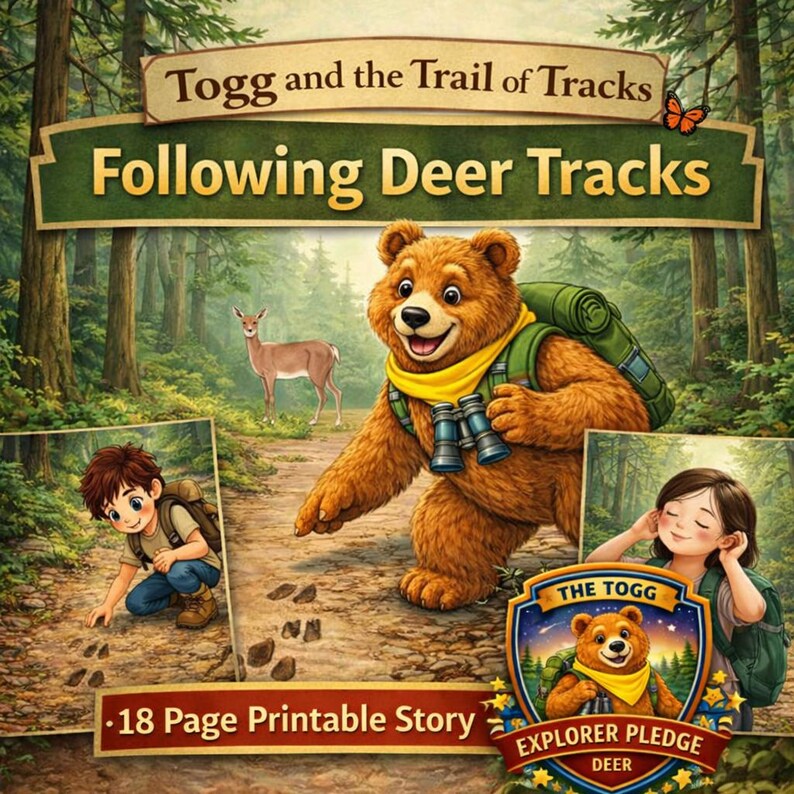 K&ouml;nnte beinhalten: Kinderbuchcover mit dem Titel "Togg and the Trail of Tracks: Following Deer Tracks". Die Illustration zeigt einen freundlichen B&auml;ren mit Rucksack, Fernglas und gelbem Schal, der auf einem Waldweg geht. Ein Reh und zwei Kinder sind ebenfalls abgebildet.