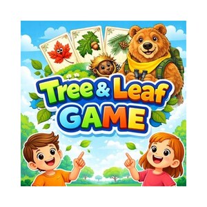 Puede incluir: Una caja de juego titulada Tree & Leaf GAME con un oso pardo con binoculares, un pequeño erizo y tres cartas de naturaleza. Abajo, un niño con camiseta naranja y una niña con camiseta rosa señalan hacia el título del juego.