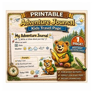 May include: A printable adventure journal kids travel page featuring two brown bears with backpacks, one holding a yellow pencil and one holding a blue pencil. The page includes text fields for date, weather, and prompts, a compass, and a sun icon.