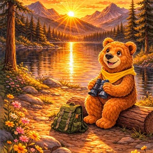 K&ouml;nnte beinhalten: Ein Cartoon-B&auml;r mit Fernglas sitzt bei Sonnenuntergang auf einem Baumstamm in der N&auml;he eines Sees. Der B&auml;r tr&auml;gt einen gelben Schal und hat einen gr&uuml;nen Rucksack. Der Hintergrund zeigt Berge, B&auml;ume und einen leuchtend orangefarbenen Himmel.