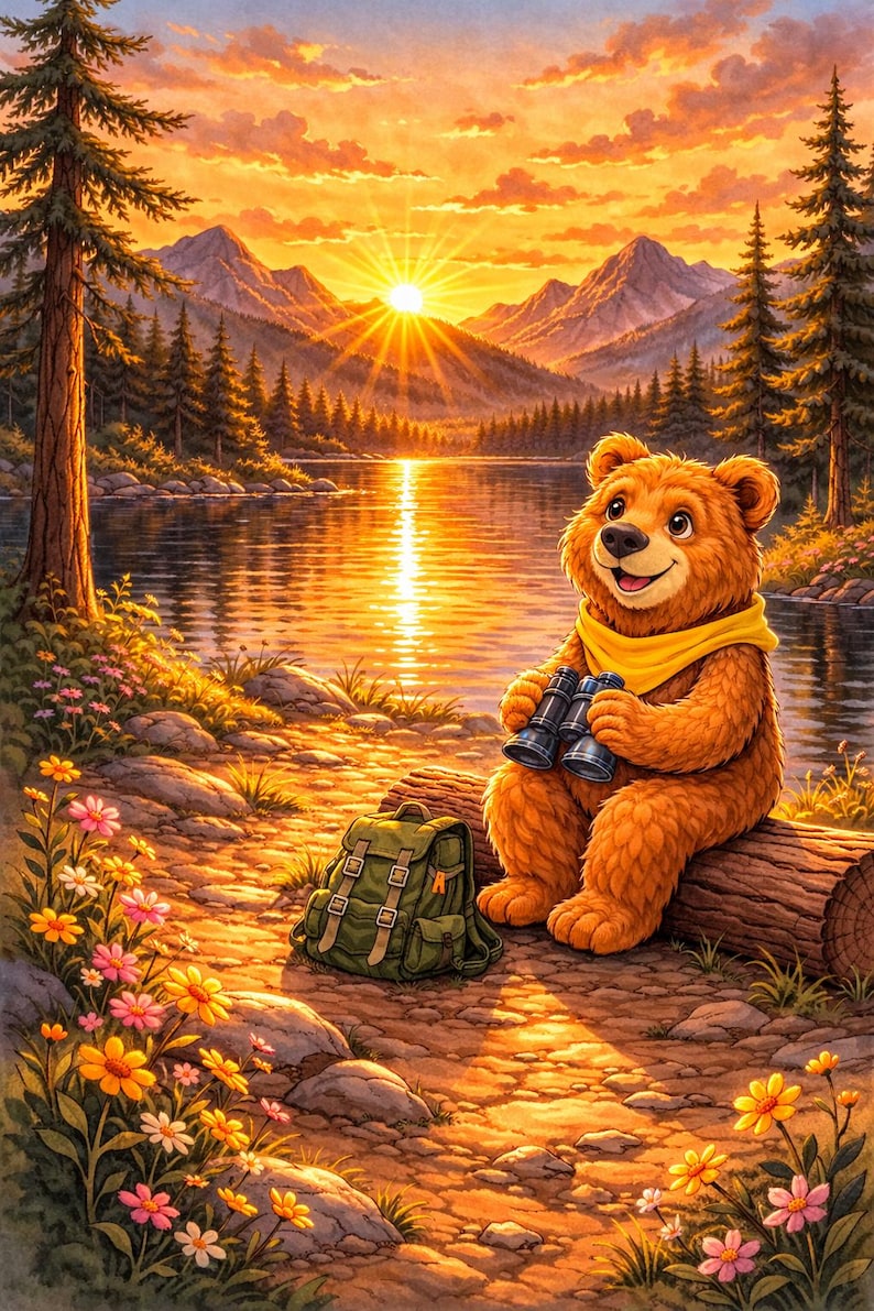 K&ouml;nnte beinhalten: Ein Cartoon-B&auml;r mit Fernglas sitzt bei Sonnenuntergang auf einem Baumstamm in der N&auml;he eines Sees. Der B&auml;r tr&auml;gt einen gelben Schal und hat einen gr&uuml;nen Rucksack. Der Hintergrund zeigt Berge, B&auml;ume und einen leuchtend orangefarbenen Himmel.