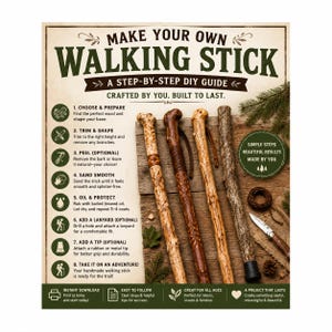 May include: A DIY guide titled "Make Your Own Walking Stick" with step-by-step instructions. The image shows several finished walking sticks in various wood tones, a knife, and a coil of rope. The guide emphasizes crafting and adventure.