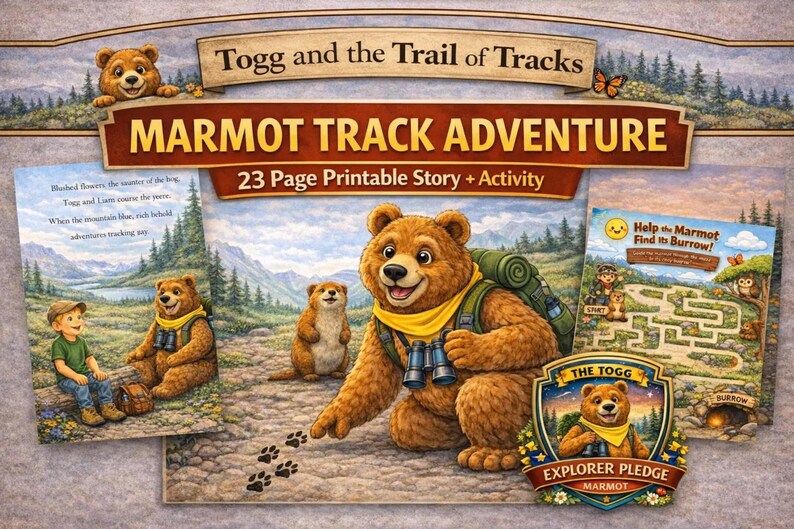 K&ouml;nnte beinhalten: Kinderbuchcover mit dem Titel "Togg and the Trail of Tracks" und "Marmot Track Adventure". Das Bild zeigt einen Cartoon-B&auml;ren mit Rucksack, Fernglas und gelbem Schal, zusammen mit einem Murmeltier und einem Jungen. Das Buch ist eine 23-seitige druckbare Geschichte und Aktivit&auml;t.
