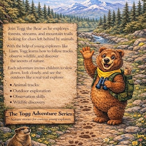 K&ouml;nnte beinhalten: Illustration von Togg dem B&auml;ren, einem freundlichen Cartoon-B&auml;ren, der auf einem Pfad winkt. Er tr&auml;gt einen Rucksack und h&auml;lt ein Fernglas. Das Bild wirbt f&uuml;r "The Togg Adventure Series" Naturgeschichten f&uuml;r junge Entdecker.