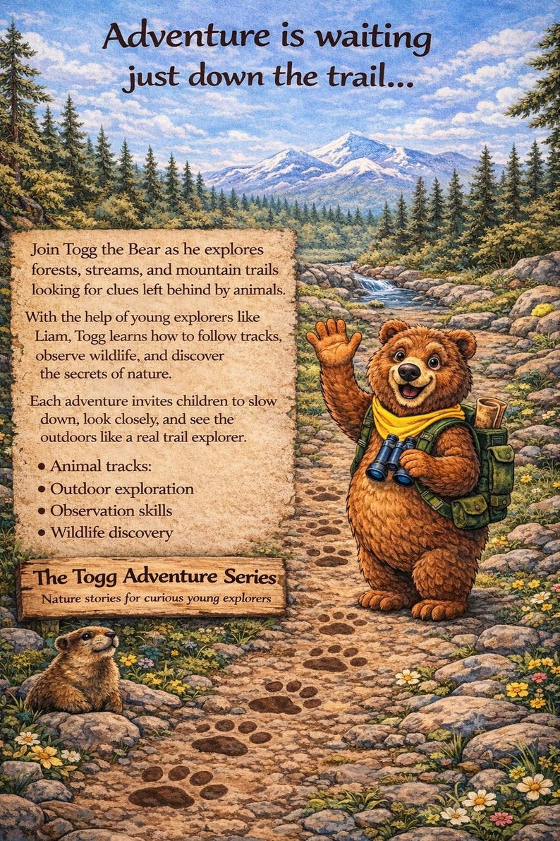 K&ouml;nnte beinhalten: Illustration von Togg dem B&auml;ren, einem freundlichen Cartoon-B&auml;ren, der auf einem Pfad winkt. Er tr&auml;gt einen Rucksack und h&auml;lt ein Fernglas. Das Bild wirbt f&uuml;r "The Togg Adventure Series" Naturgeschichten f&uuml;r junge Entdecker.