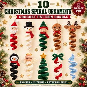 Puede incluir: Un gráfico digital que muestra 10 adornos navideños en espiral de ganchillo, incluyendo un Santa, muñeco de nieve, elfo, hombre de jengibre, reno, pingüino, ángel, árbol, bastón de caramelo y carámbano. El texto dice 10 CHRISTMAS SPIRAL ORNAMENTS.
