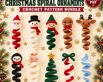 Paquete de 10 patrones de ganchillo en PDF para adornos navideños en espiral, patrón de muñeco de nieve a ganchillo, Papá Noel a ganchillo, decoración navideña colgante de amigurumi.