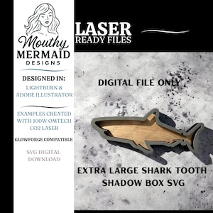 Può includere: Un download digitale SVG di una scatola ombra a forma di squalo. Il design presenta un interno in legno e un bordo grigio. Il testo "EXTRA LARGE SHARK TOOTH SHADOW BOX SVG" è visualizzato. L'immagine include anche il testo "DIGITAL FILE ONLY".