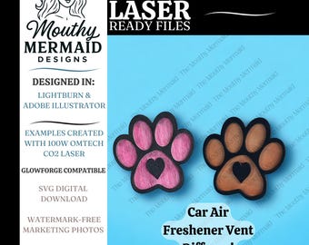 Paw Print Heart Love Car Vent Clip Air Freshener Oil Diffuser SVG. Digital laser design file for freshie. [Digital File Only]
