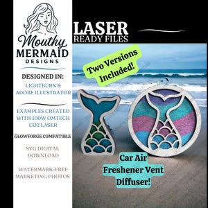 Queue de sirène (2 versions) Clip de ventilation de voiture pour diffuseur d'huile pour désodorisant SVG. Fichier de conception laser numérique pour freshie. [Fichier numérique uniquement]
