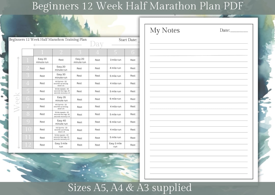 Printable PDF Half Marathon 12 Week Training Plan A5, A4 & A3 - Etsy
