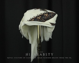 Ready To Wear White Traditional Yemeni Embroidered Imamah Shemagh Adjustable Perfect For Men & Children Unique Scarf Easy To Wear AW01
