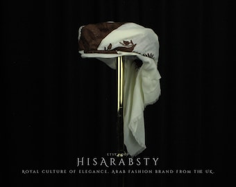 White and Brown Ready To Wear Traditional Yemeni Embroidered Imamah Shemagh Adjustable Perfect For Men & Children Unique Scarf AW70