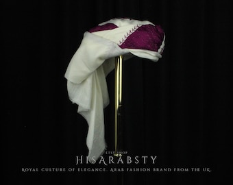 White and Purple Ready To Wear Traditional Yemeni Embroidered Imamah Shemagh Adjustable Perfect For Men & Children Unique Scarf AW71