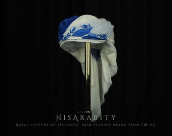 White and Blue Ready To Wear Traditional Yemeni Embroidered Imamah Shemagh Adjustable Perfect For Men & Children Unique Scarf Easy Wear AW65