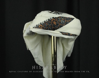 Ready To Wear White Traditional Yemeni Embroidered Imamah Shemagh Adjustable Perfect For Men & Children Unique Scarf Easy To Wear AW08