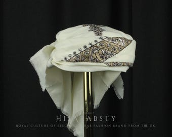 Ready To Wear White Traditional Yemeni Embroidered Imamah Shemagh Adjustable Perfect For Men & Children Unique Scarf Easy To Wear AW10
