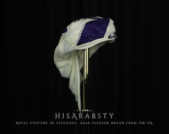 White and Purple Ready To Wear Traditional Yemeni Embroidered Imamah Shemagh Adjustable Perfect For Men & Children Unique Scarf AW64