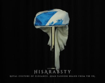White and Blue Ready To Wear Traditional Yemeni Embroidered Imamah Shemagh Adjustable Perfect For Men & Children Unique Scarf Easy Wear AW68