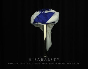 White and Blue Ready To Wear Traditional Yemeni Embroidered Imamah Shemagh Adjustable Perfect For Men & Children Unique Scarf Easy Wear AW62