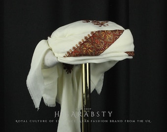 Ready To Wear White Traditional Yemeni Embroidered Imamah Shemagh Adjustable Perfect For Men & Children Unique Scarf Easy To Wear AW07