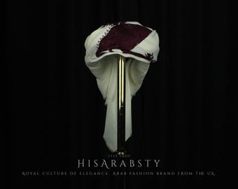White and Maroon Ready To Wear Traditional Yemeni Embroidered Imamah Shemagh Adjustable Perfect For Men & Children Unique Scarf AW66