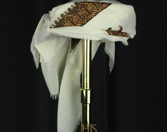 Ready To Wear White Traditional Yemeni Embroidered Imamah Shemagh Adjustable Perfect For Men & Children Unique Scarf Easy To Wear AW72