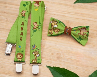 Safari Bow Tie and Personalizable Suspenders Set, Safari Adventure Theme, Personalizable Suspenders Set, Monkey Safari Bow Tie