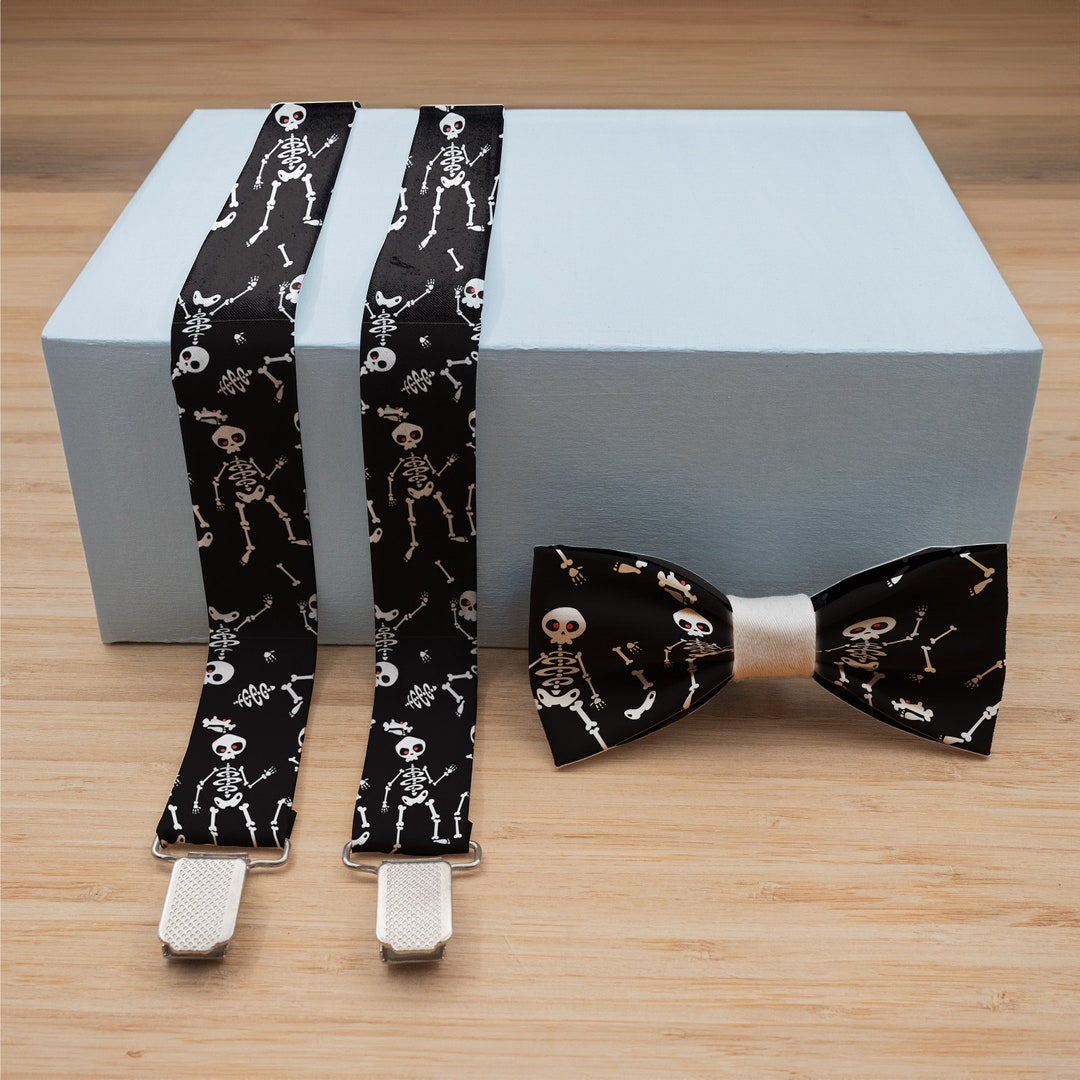 Spooky Skeleton Bow Tie and Suspenders Set, Personalized Suspender Set