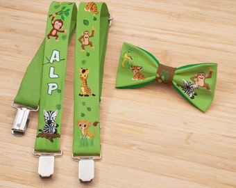 Safari Birthday Party Outfit, Green Bow Tie and Suspenders for Kids, Wild One Theme Party Animal, Jungle Birthday Party Outfit for Boys