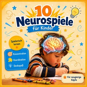 Puede incluir: Una portada de libro titulada 10 Neurospiele für Kinder que muestra a un niño dibujando con crayones. Una ilustración de un cerebro brillante con rayos amarillos se sitúa sobre la cabeza. El texto incluye Konzentration, Koordination y Denkspaß.