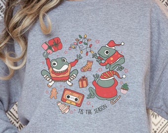 Retro Kerst Cottagecore Kikker Vakantie Unisex Crewneck Sweatshirt, Leuke Grappige Kikker Minnaar Kerstcadeau voor haar of hem Man Ik hou van kikkers Trui