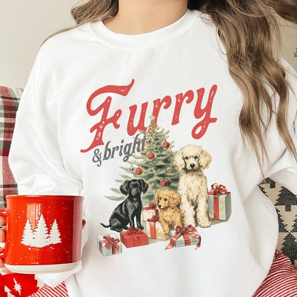Pelzigen und hellen Retro Weihnachtskarte Hund Unisex Crewneck Sweatshirt, Doodle Dackel Pudel Mix Welpe Weihnachten Pullover, Vintage Design Shirt