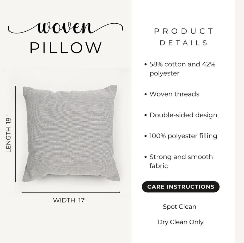 May include: A woven pillow with a gray striped pattern. The pillow is 18 inches long and 17 inches wide. The product details include 58% cotton and 42% polyester, woven threads, a double-sided design, and 100% polyester filling.