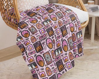 Manta de Halloween Sherpa rosa fantasma, manta para sofá, manta gótica de otoño, ropa de cama de Halloween, decoración de interiores estética gótica, cesta de regalo