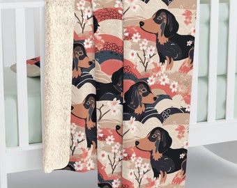 Dachshund Japanese Floral Botanical Sherpa Fleece Blanket, Wiener Dog Mom Xmas Couch Throw,  Cozy Gift for Dog Lover, Bedroom or Family Room