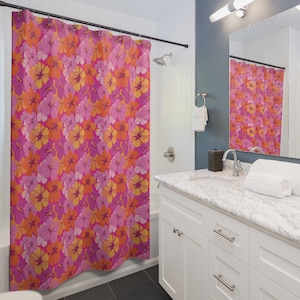 Hibiscus Flower Shower Curtain Coconut Girl Room Unique Decor Aesthetic Y2k Boho Floral Bathroom Curtain Cute Retro Pink Botanical Teen Room