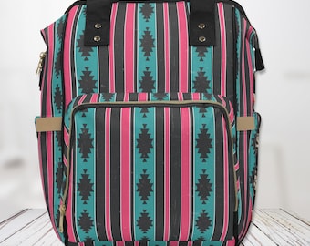 90s Country Western Aztec Multifunctional Diaper Backpack Country Cowboy Cowgirl Boy Girl Bag Baby Shower Gift for New Mom Pink Turquoise