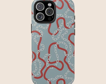 May include: A blue phone case with a pattern of red and white rope chains.