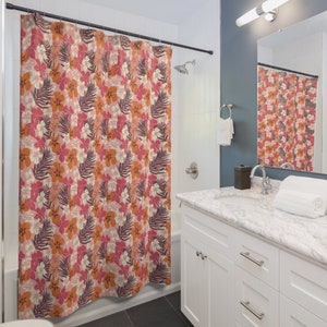 Hibiscus Flower Shower Curtain Coconut Girl Room Unique Decor Aesthetic Y2k Boho Floral Bathroom Curtain Cute Retro Pink Botanical Teen Room