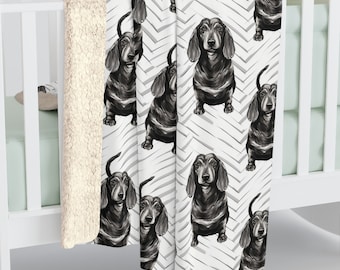 Dachshund Black Mono Stripe Sherpa Fleece Blanket Wiener Dog Mom Neutral Couch Throw  Cozy Aesthetic Dog Lover Gift Bed or Family Room