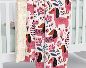 Dachshund Spring Floral Botanical Sherpa Fleece Blanket Wiener Dog Mom Pink Hotdog Couch Throw Cozy Gift for Doxie Lover Bedroom Family Room