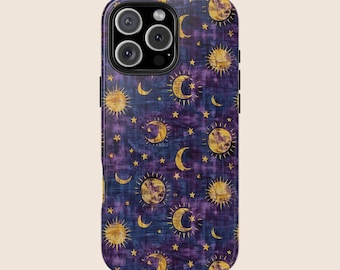 May include: A purple phone case with a pattern of gold moons and suns on a dark purple background.