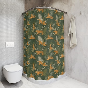 Tiger Shower Curtain Boho Green Bathroom Decor Fabric Shower Curtain Tropical Leopard Dopamine Decor Cute Aesthetic Girly Home Mid Century