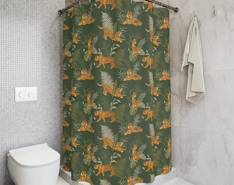 Tiger Duschvorhang Boho Grün Badezimmer Dekor Stoff Duschvorhang Tropischer Leopard Dopamin Dekor niedlich Ästhetisches Girly Home Mid Century