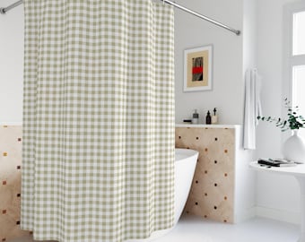 Gingham-Duschvorhang, Boho-Stil, Grün, Badezimmerdeko, Preppy-Duschvorhang aus Stoff, Französischer Landhausstil, Ästhetisch, Mädchenhaft, Zuhause, Spaß, Grandmillennial
