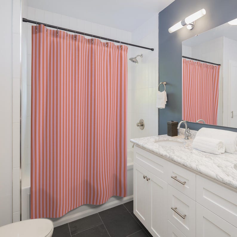 Striped Shower Curtain Boho Pink Bathroom Decor Preppy Fabric Shower Curtain Dopamine Decor Cute Aesthetic Girly Home Fun Grandmillennial image 3