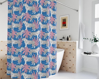 Tiger Duschvorhang Boho Pink Badezimmer Dekor schicker Stoff Duschvorhang Funky Leopard Dopamin Dekor niedlich ästhetisches Girly Home Mid Century